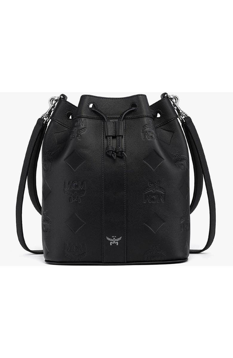 MCM Medium Dessau Drawstring Bag in Maxi Monogram Leather, Main, color, Black