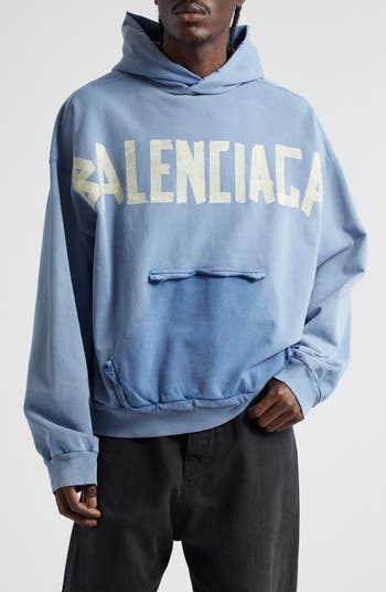 Balenciaga Tape Logo Distressed Cotton Hoodie Faded Blue