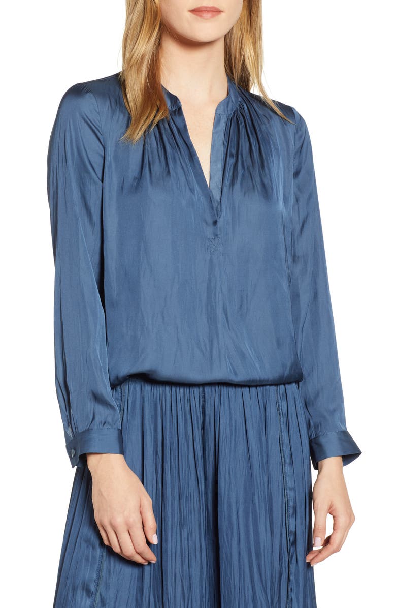 NIC+ZOE Destination Split Neck Blouse, Main, color, Indigo Sea
