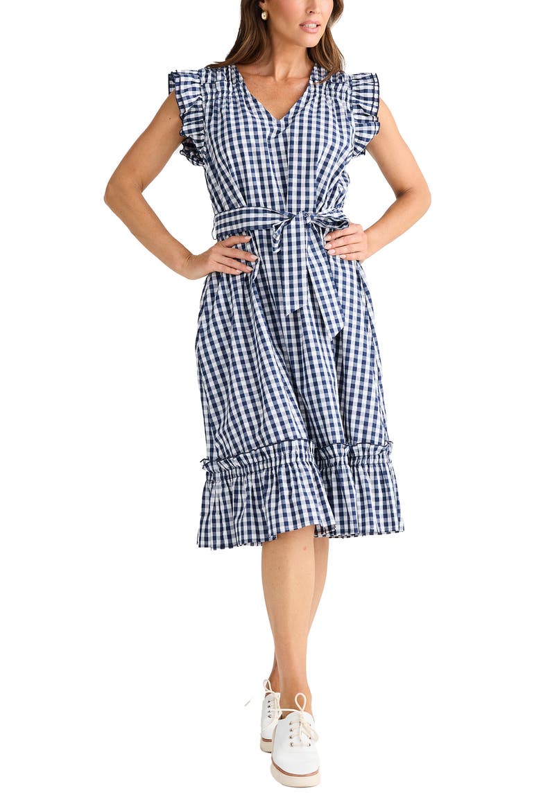 Paz Check Print Ruffle Dress, Main, color, NAVY GINGHAM