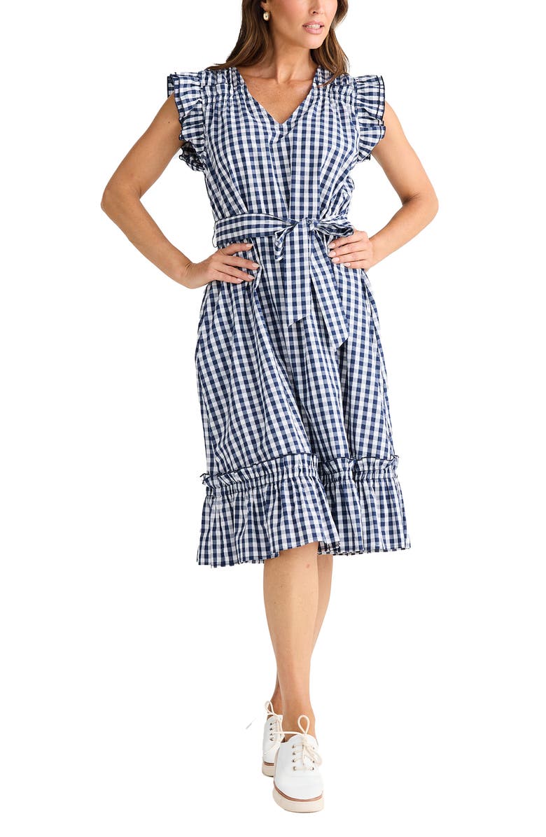 Brave+True Paz Check Print Ruffle Dress, Main, color, Navy Gingham