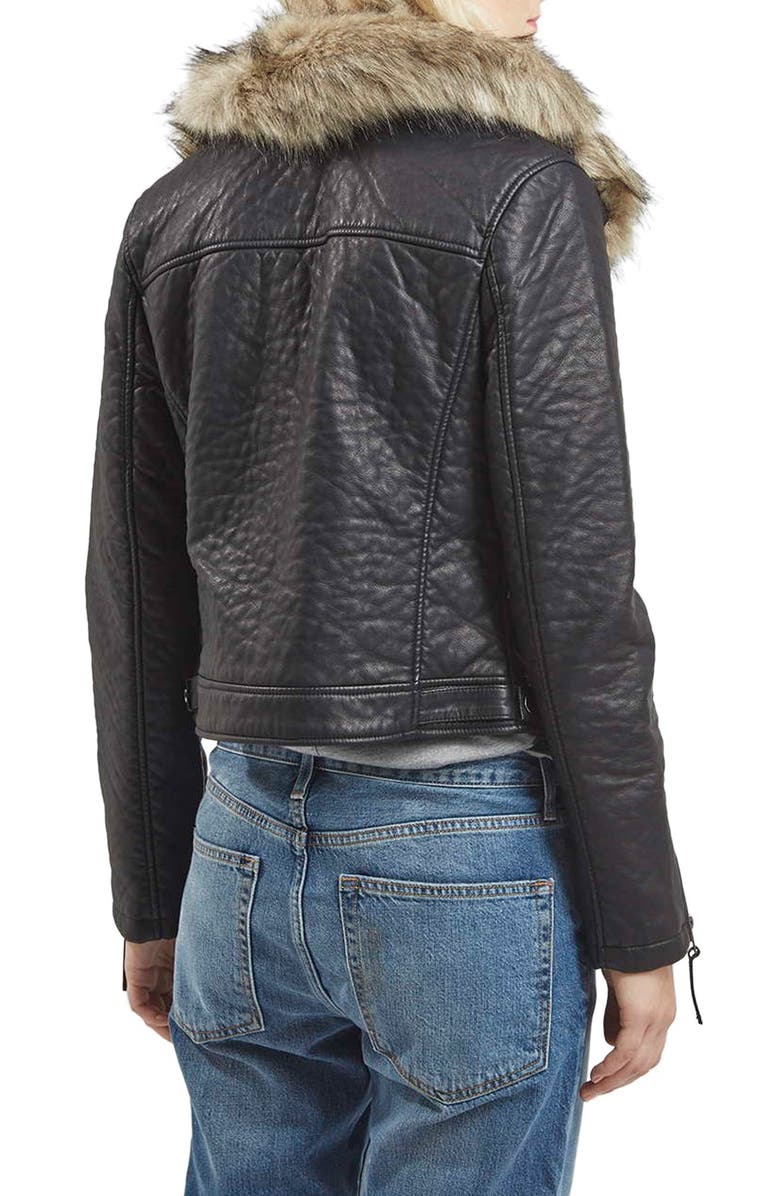Topshop Faux Leather Moto Jacket with Removable Faux Fur Collar, Alternate, color, 