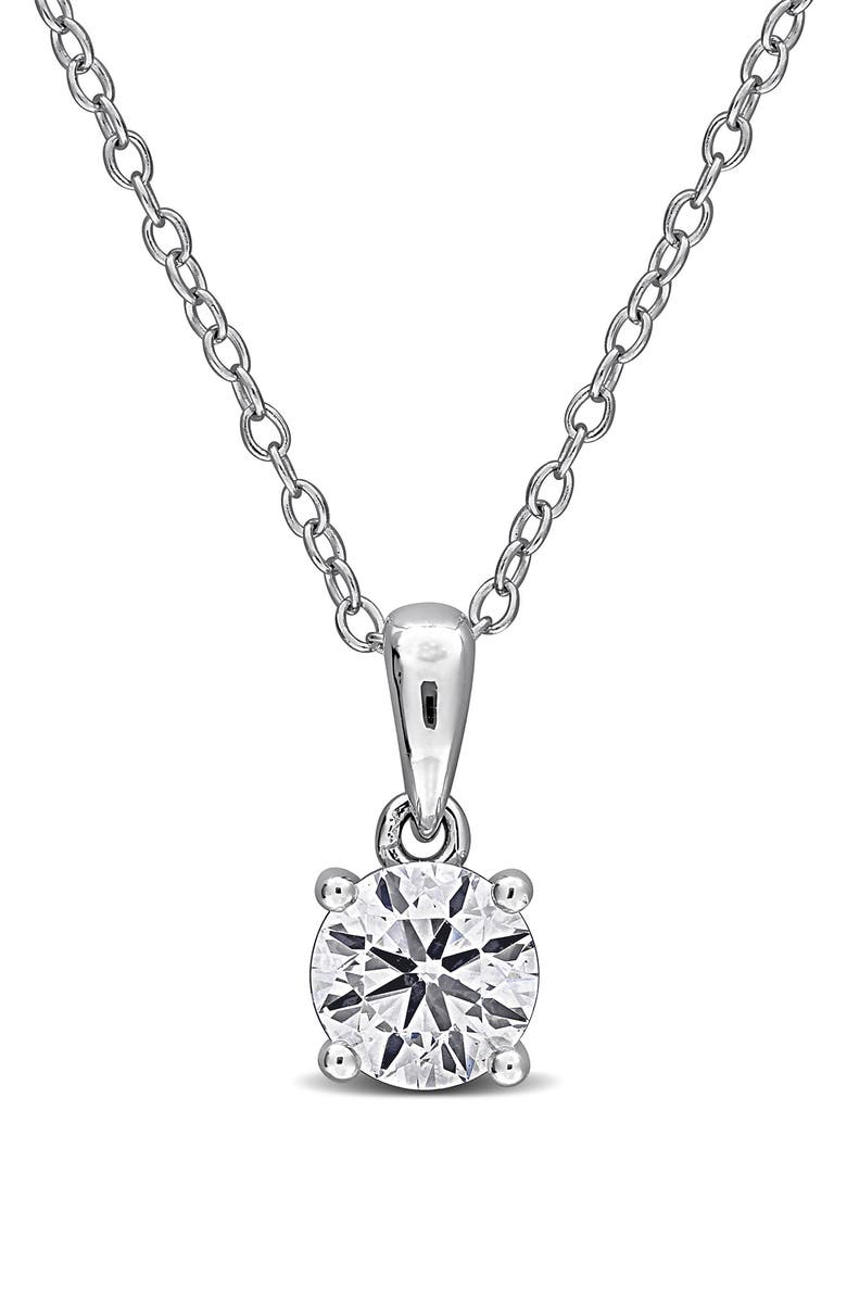 Created Forever Sterling Silver Lab Grown Diamond Solitaire Pendant Necklace, Main, color, Silver