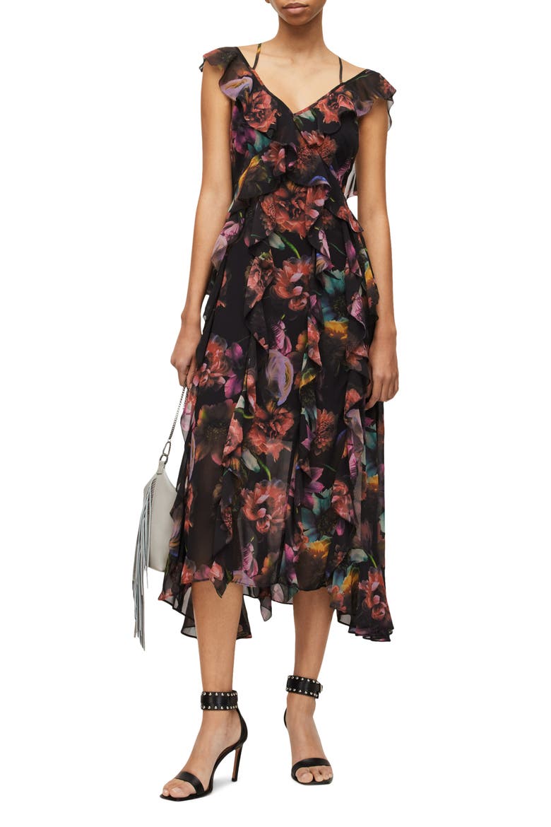 Fali Ahiahi Floral Ruffle Midi Dress, Alternate, color, BLACK