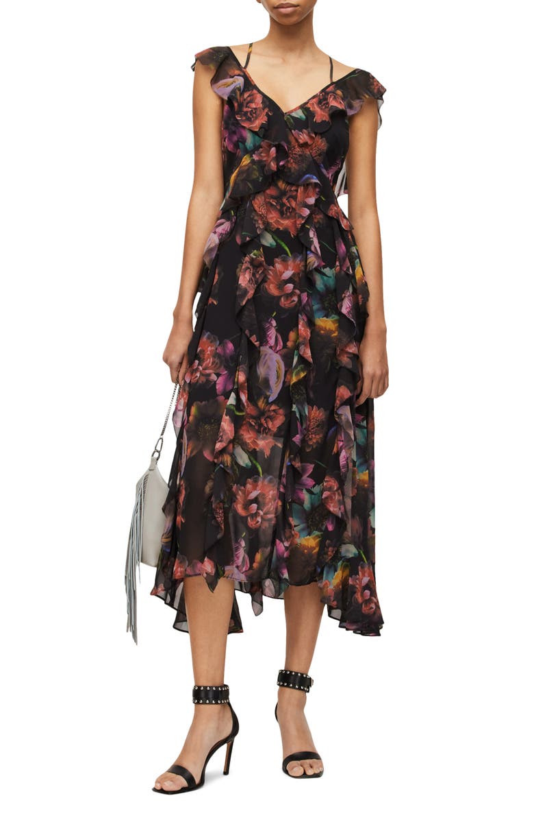 AllSaints Fali Ahiahi Floral Ruffle Midi Dress, Alternate, color,