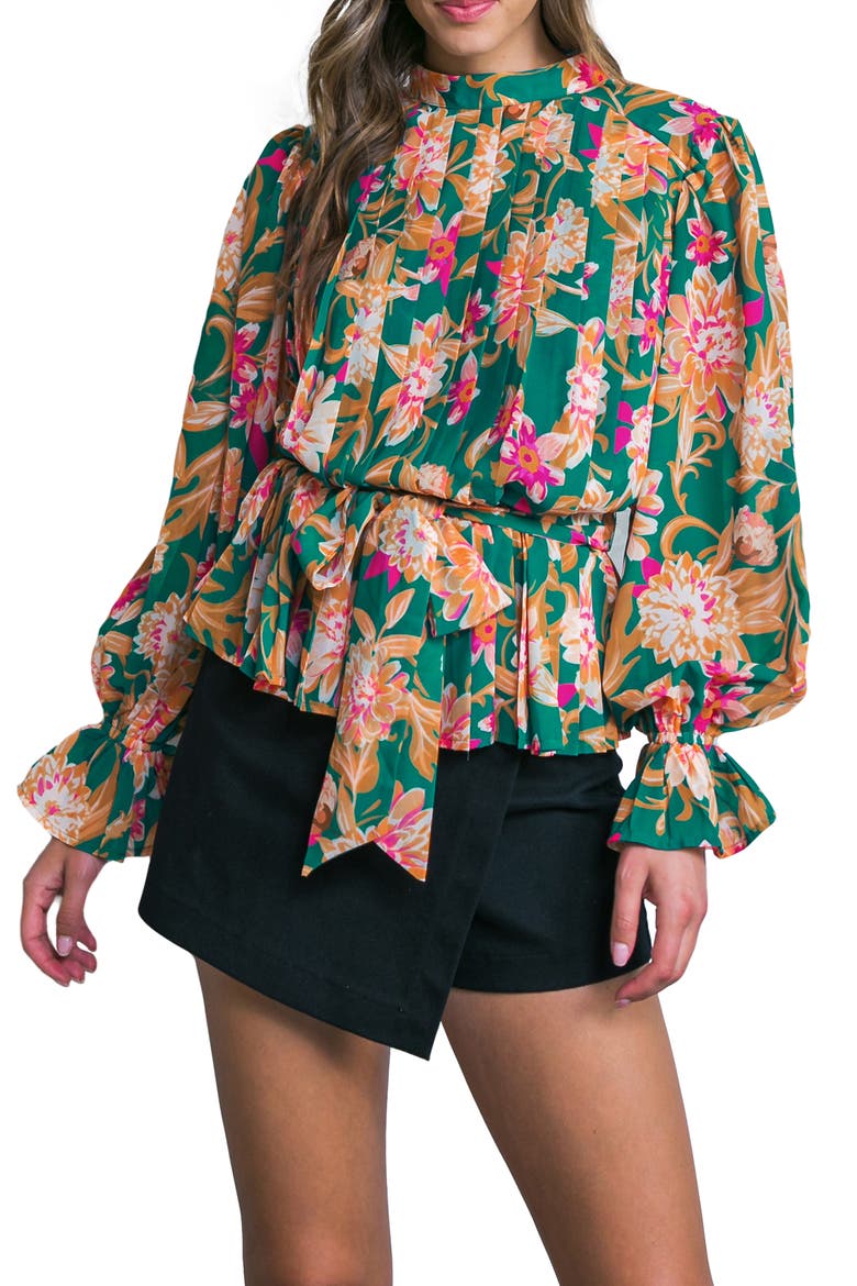 Floral Pleated Long Sleeve Tie Waist Peplum Top, Main, color, TEAL GREEN