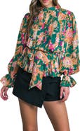 FLYING TOMATO Floral Pleated Long Sleeve Tie Waist Peplum Top