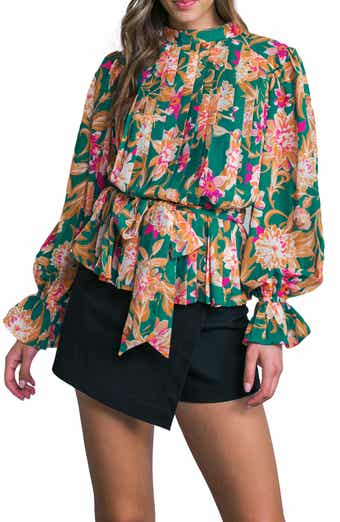 FLYING TOMATO Floral Pleated Long Sleeve Tie Waist Peplum Top