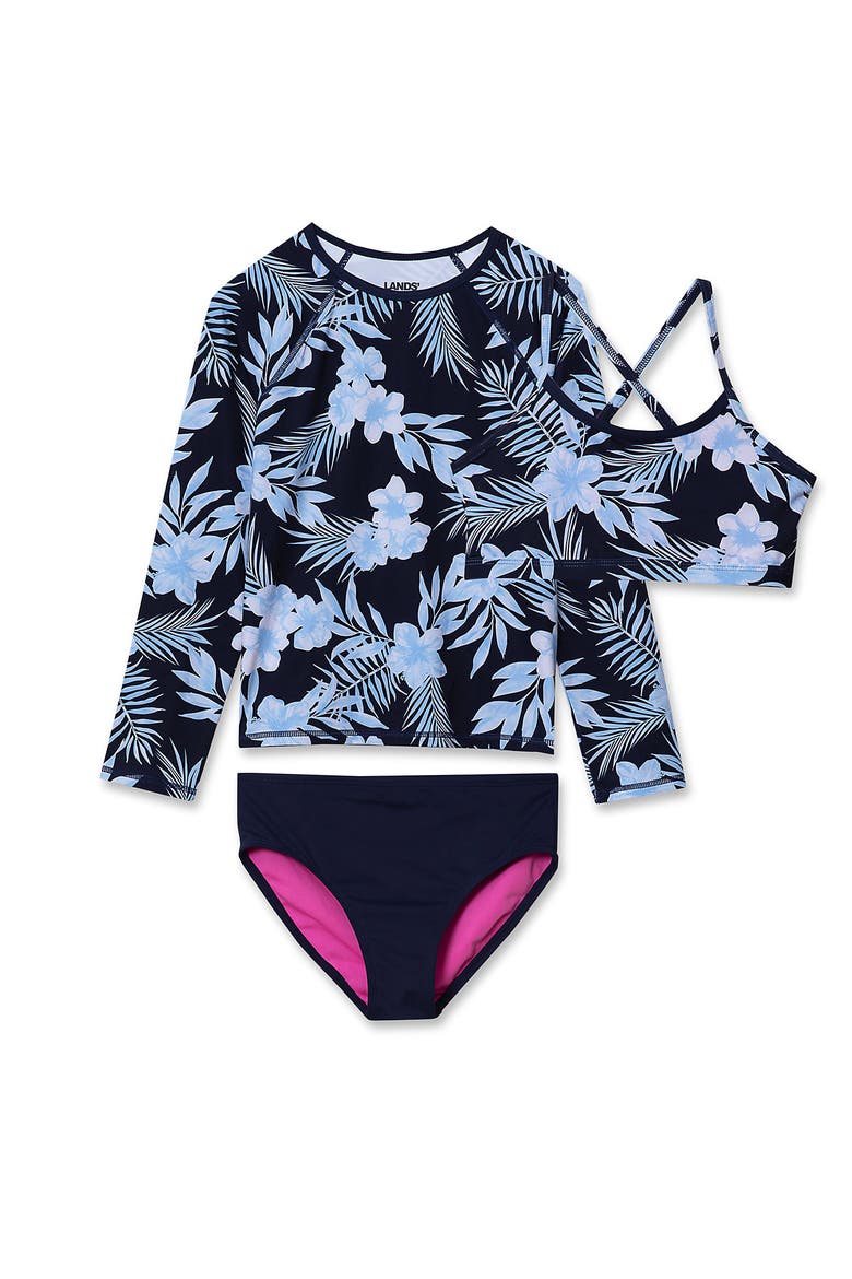 Big Girls 3 Piece UPF 50 Sun Protection Rash Guard Set, Main, color, Tropical Floral/Navy