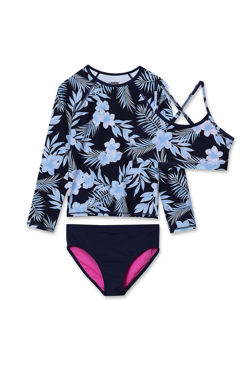 Lands' End Girls Plus Chlorine Resistant Rash Guard Bikini Swimsuit Set, Main, color, Tropical Floral/Navy