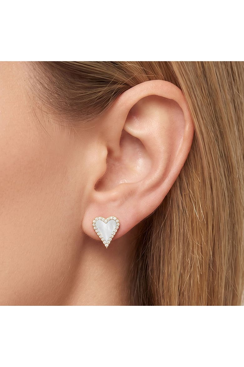 Mini Mother of Pearl CZ Halo Heart Stud Earrings, Alternate, color, Mother of Pearl