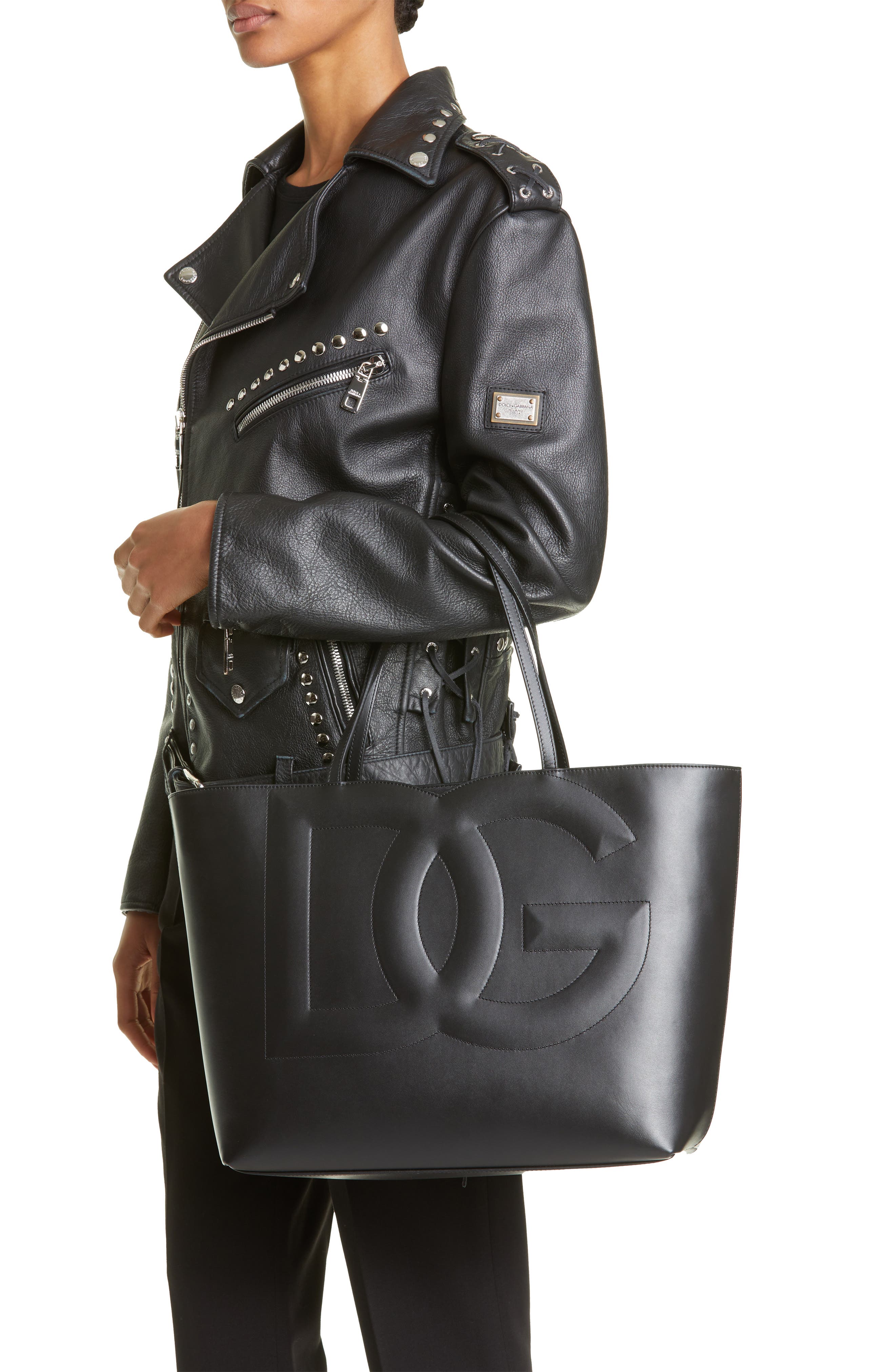 Dolce&Gabbana DG Logo Leather Tote, Alternate, color, Black
