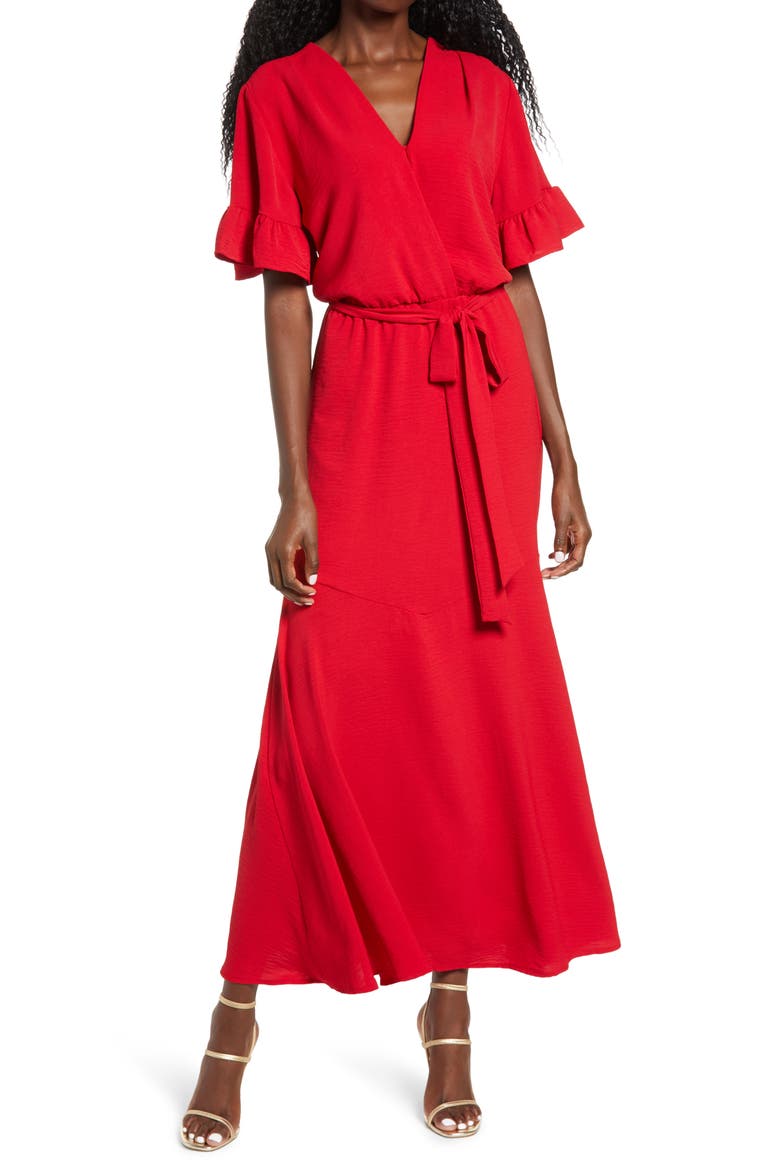 Ruffle Sleeve Faux Wrap Dress, Main, color, RED
