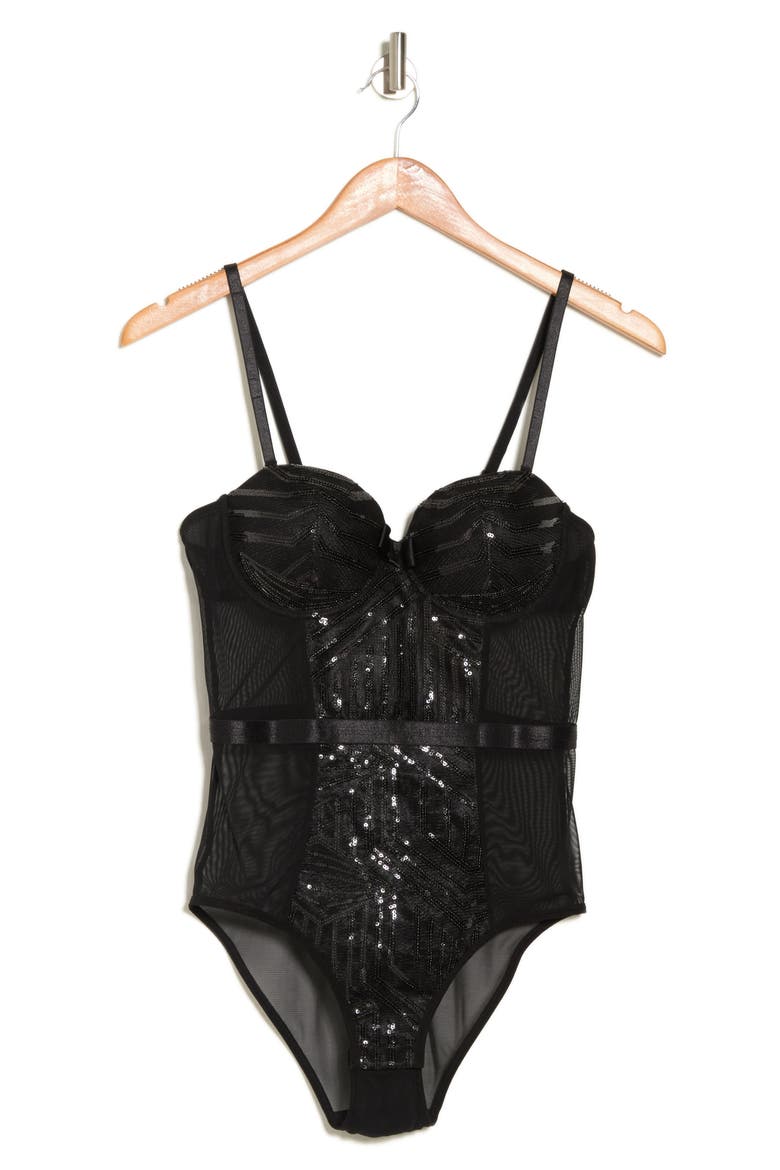 Sequin Panel Bodysuit, Alternate, color, BLACK