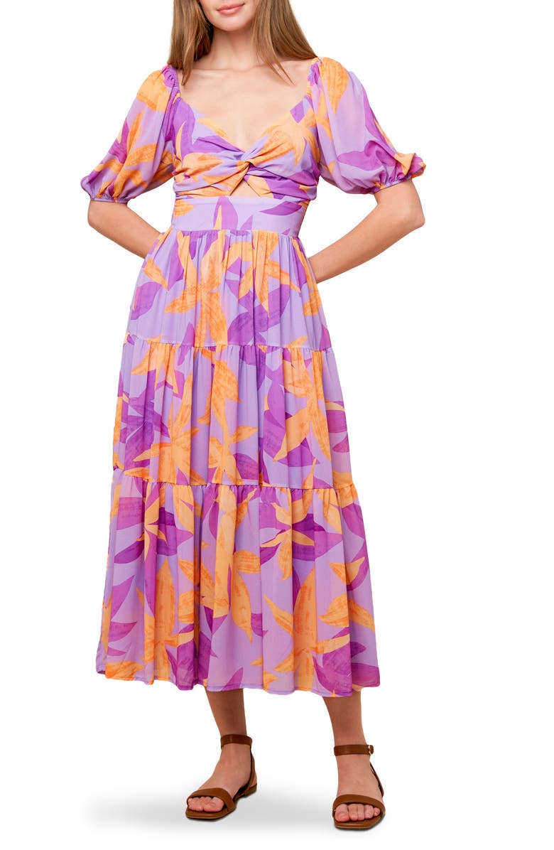FLYING TOMATO Puff Sleeve Tiered Maxi Dress, Alternate, color, Lavender Orange