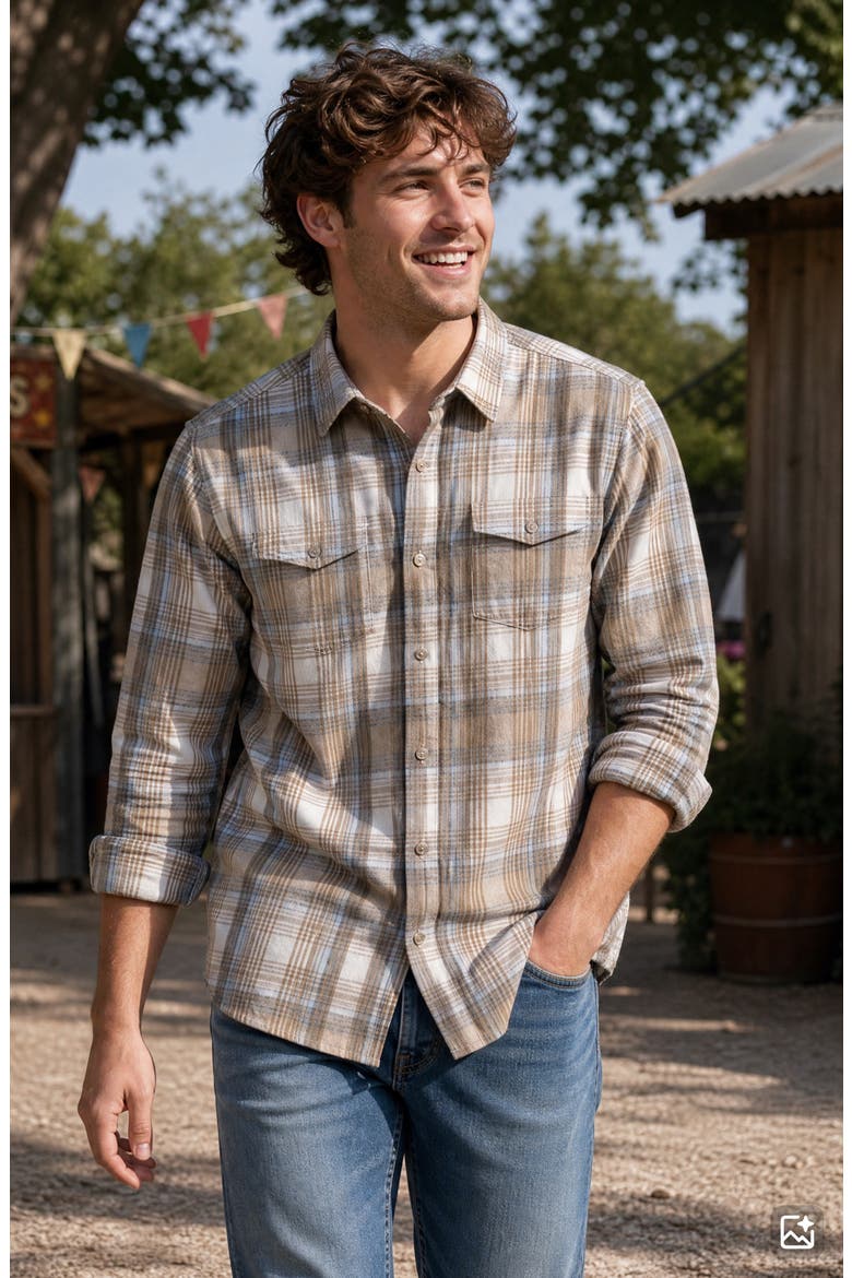 Plaid Long Sleeve Flannel Shirt, Alternate, color, BEIGE