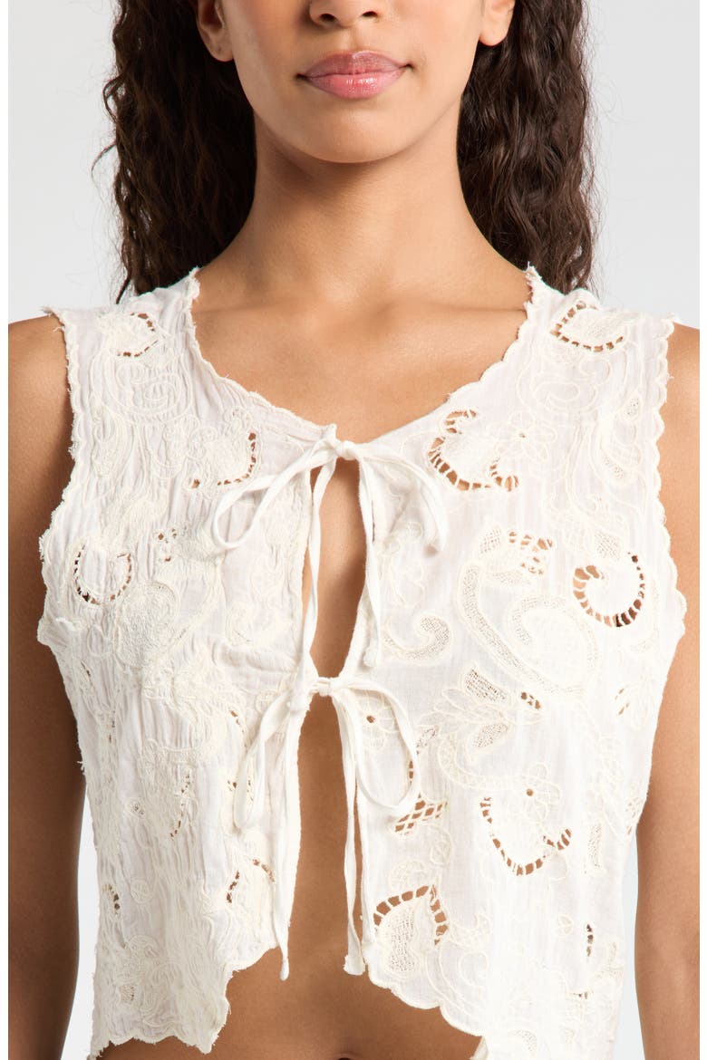 Lacey Flyaway Embroidered Cotton Tie Front Top, Alternate, color, CREAM