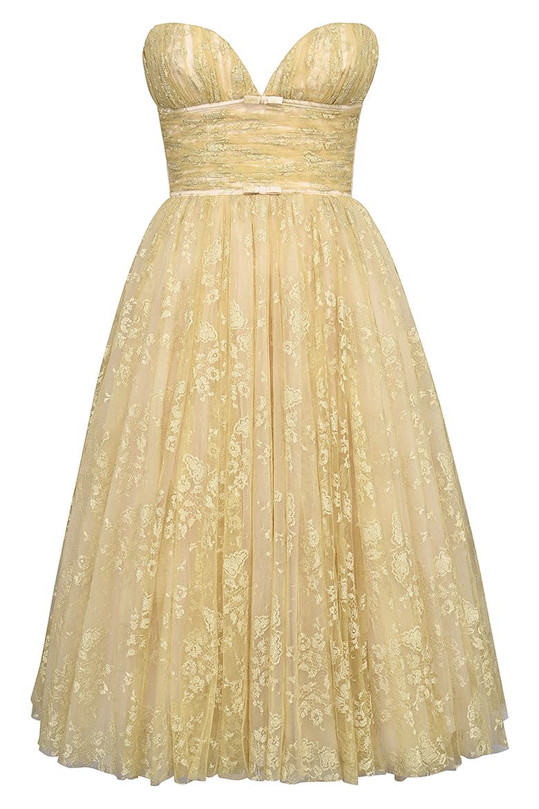 Madame Metallic Gathered Strapless Midi Dress, Alternate, color, PEACH DUST