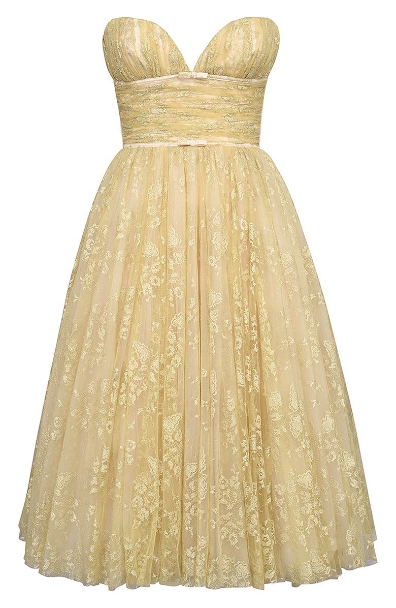 HOUSE OF CB Madame Metallic Gathered Strapless Midi Dress, Alternate, color, Peach Dust