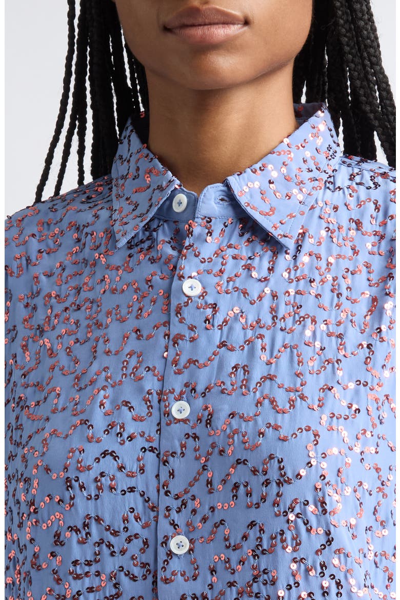 Antonia Sequin Embellished Silk Button-Up Shirt, Alternate, color, AQUAMARINE