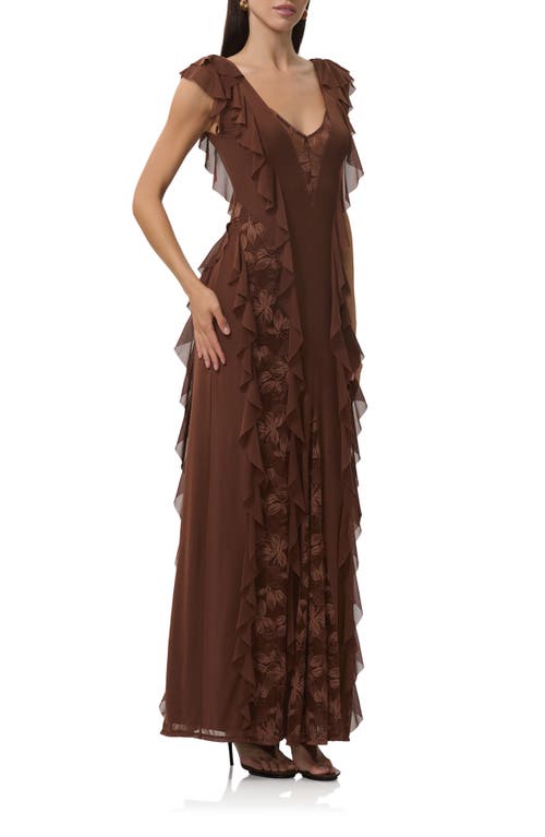 Afrm Trista Lace Insert Ruffle Maxi Dress In Brown
