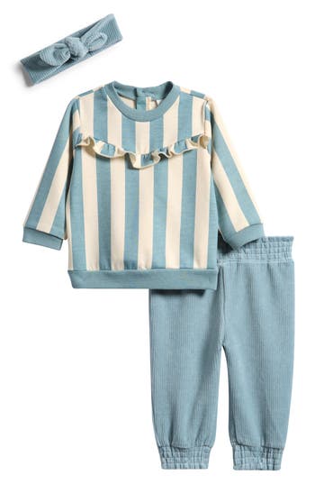 Pl Baby By Petit Lem Fleece Top, Corduroy Pants & Headband Set In Blue