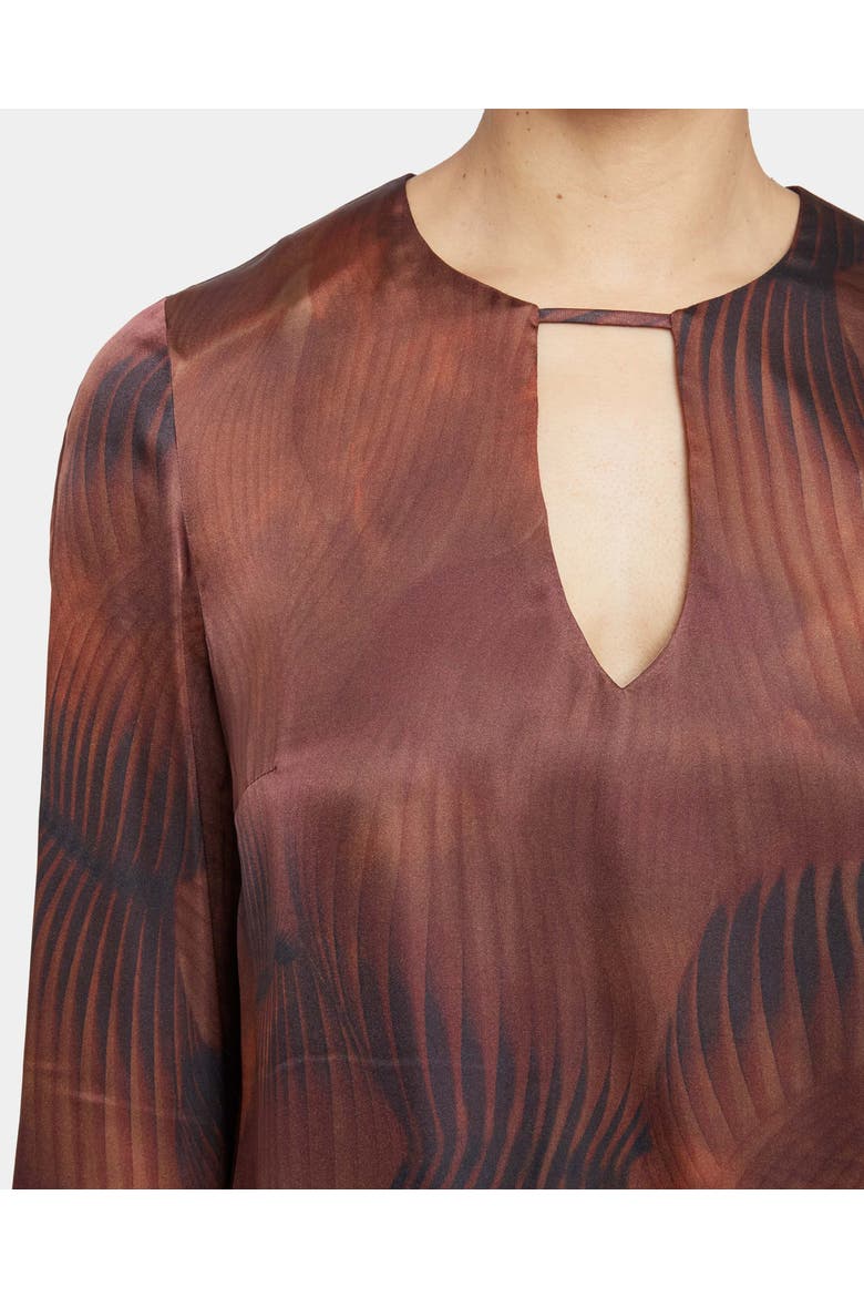 Noa Long Sleeve Keyhole Silk Blouse in Abstract Printed Silk Blend, Alternate, color, HICKORY BROWN