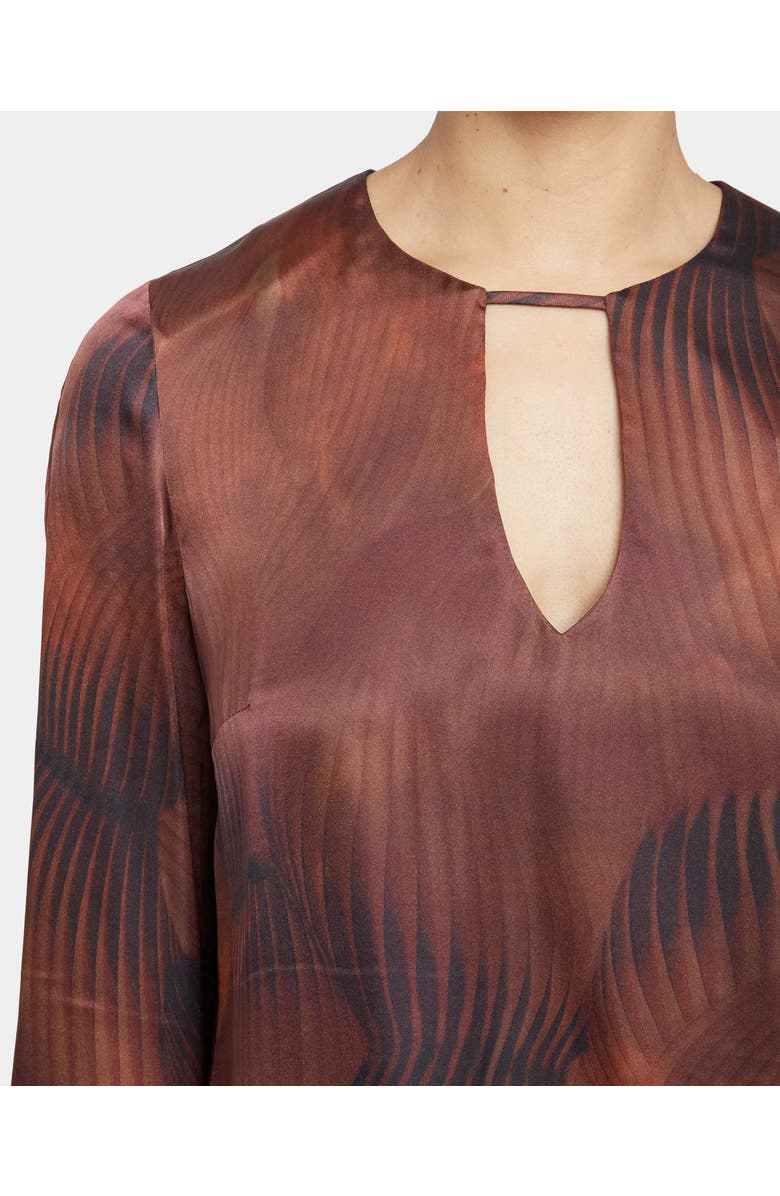 Santorelli Noa Long Sleeve Keyhole Silk Blouse in Abstract Printed Silk Blend, Alternate, color, Hickory Brown