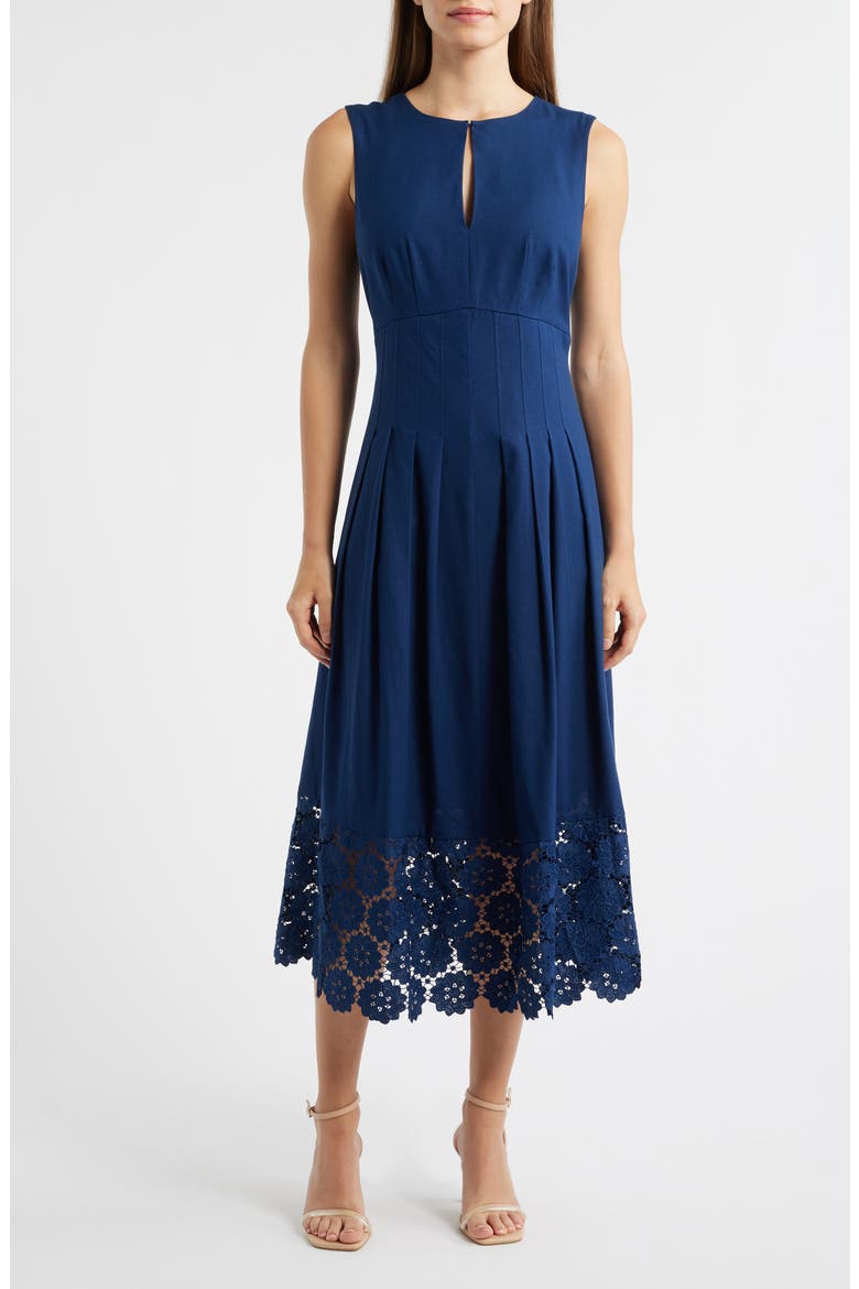 Pintuck & Lace Detail Sleeveless Dress, Main, color, NAVY