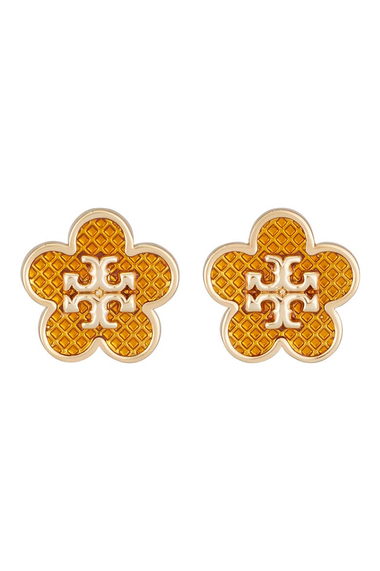 Kira Flower Stud Earrings, Main, color, TORY GOLD / BROWN