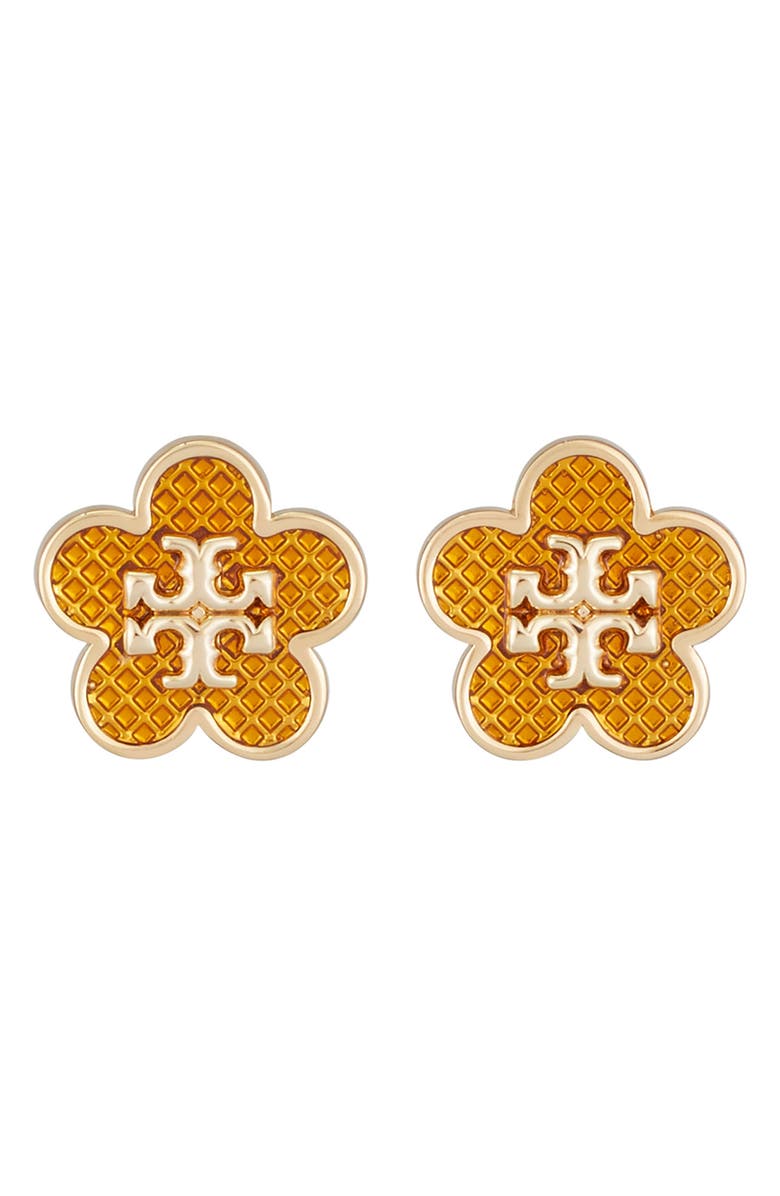 Tory Burch Kira Flower Stud Earrings, Main, color, Tory Gold / Brown