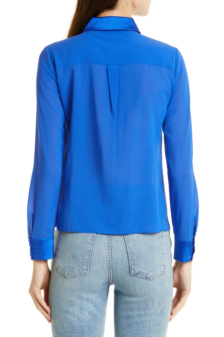 Willa Mixed Media Stretch Silk Button-Up Blouse, Alternate, color, ROYALTY