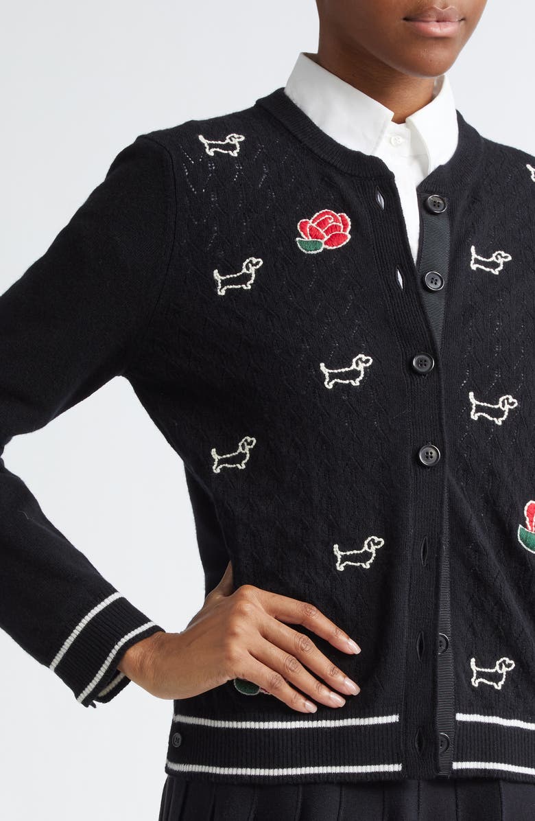 Thom Browne Embroidered Hector & Rose Virgin Wool Crewneck Cardigan, Alternate, color, 
