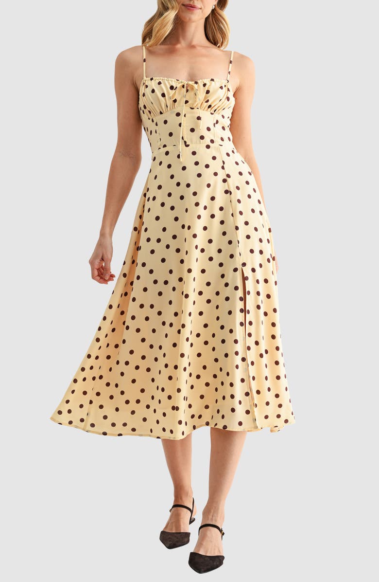 All in Favor Corset Midi Dress, Main, color, Butter Brown Dot