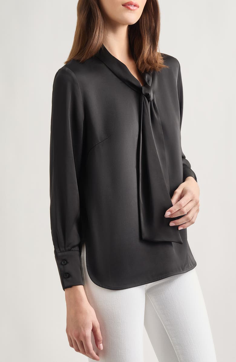 Misook Tie Neck Crêpe de Chine Blouse, Alternate, color, Black
