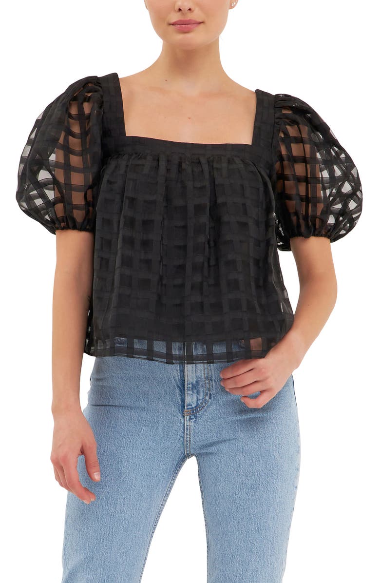 English Factory Grid Pattern Puff Sleeve Organza Top | Nordstrom