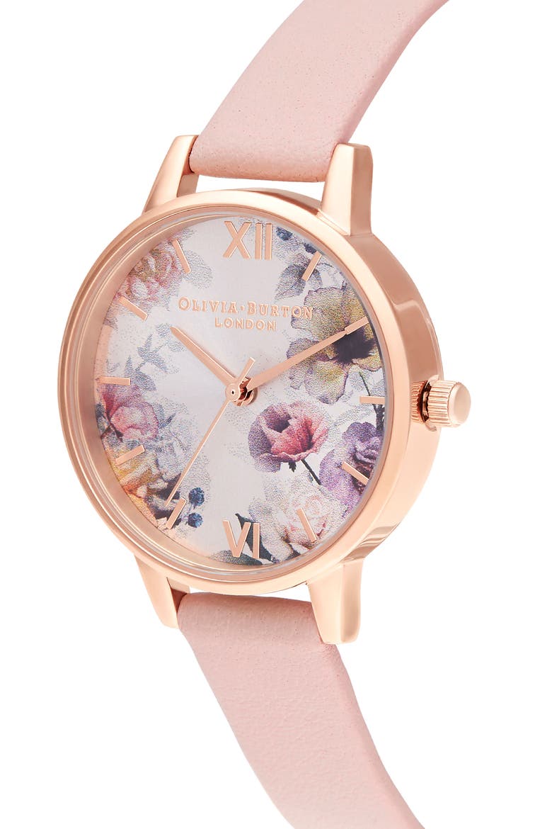 Sunlight Florals Leather Strap Watch, 30mm, Alternate, color, PINK/ FLORAL/ ROSE GOLD