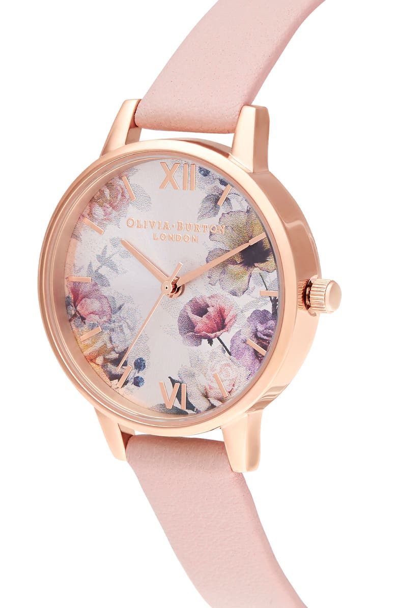 Olivia Burton Sunlight Florals Leather Strap Watch, 30mm, Alternate, color,