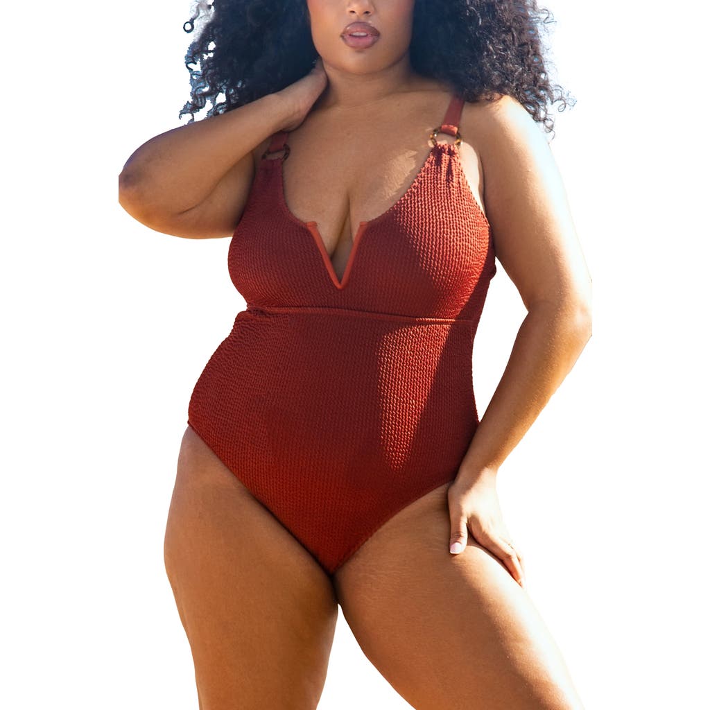 Fashion-szn Curve Curve Trim Detail Crinkle Swimsuit In Brown