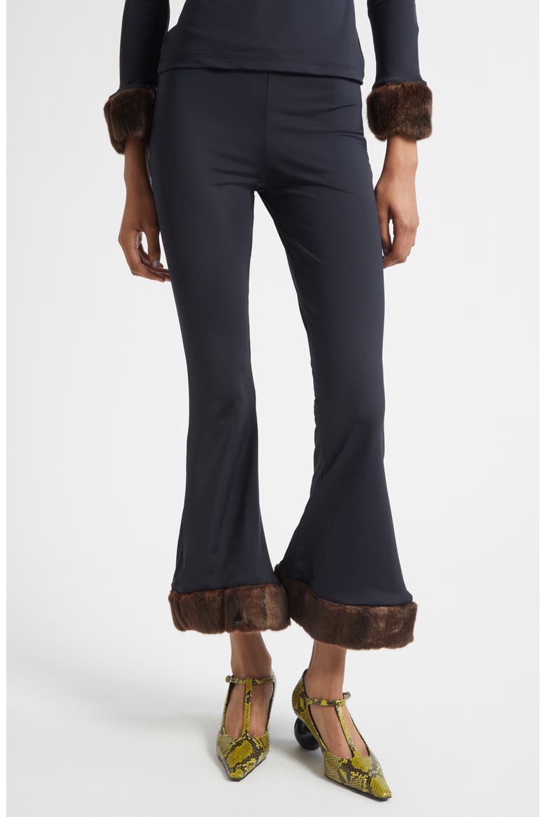 Faux Mink Trim Stretch Knit Pants, Main, color, BLACK