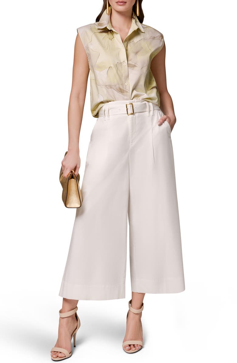 Donna Karan New York Pleated Wide Leg Crop Stretch Cotton Pants, Alternate, color,