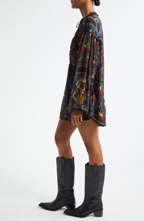 Shop Farm Rio Mixed Arabesque Scarves Print Long Sleeve Minidress In Black Arabesque