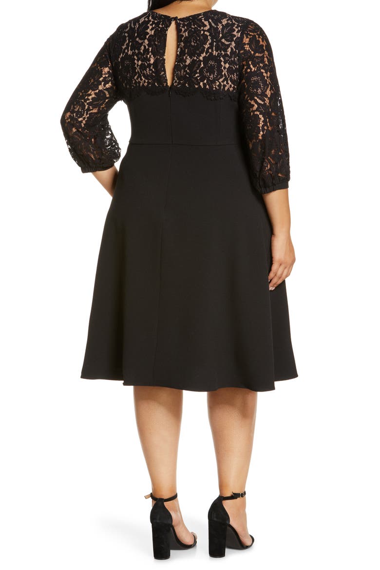 Lace Long Sleeve Midi Crepe Cocktail Dress, Alternate, color, BLACK