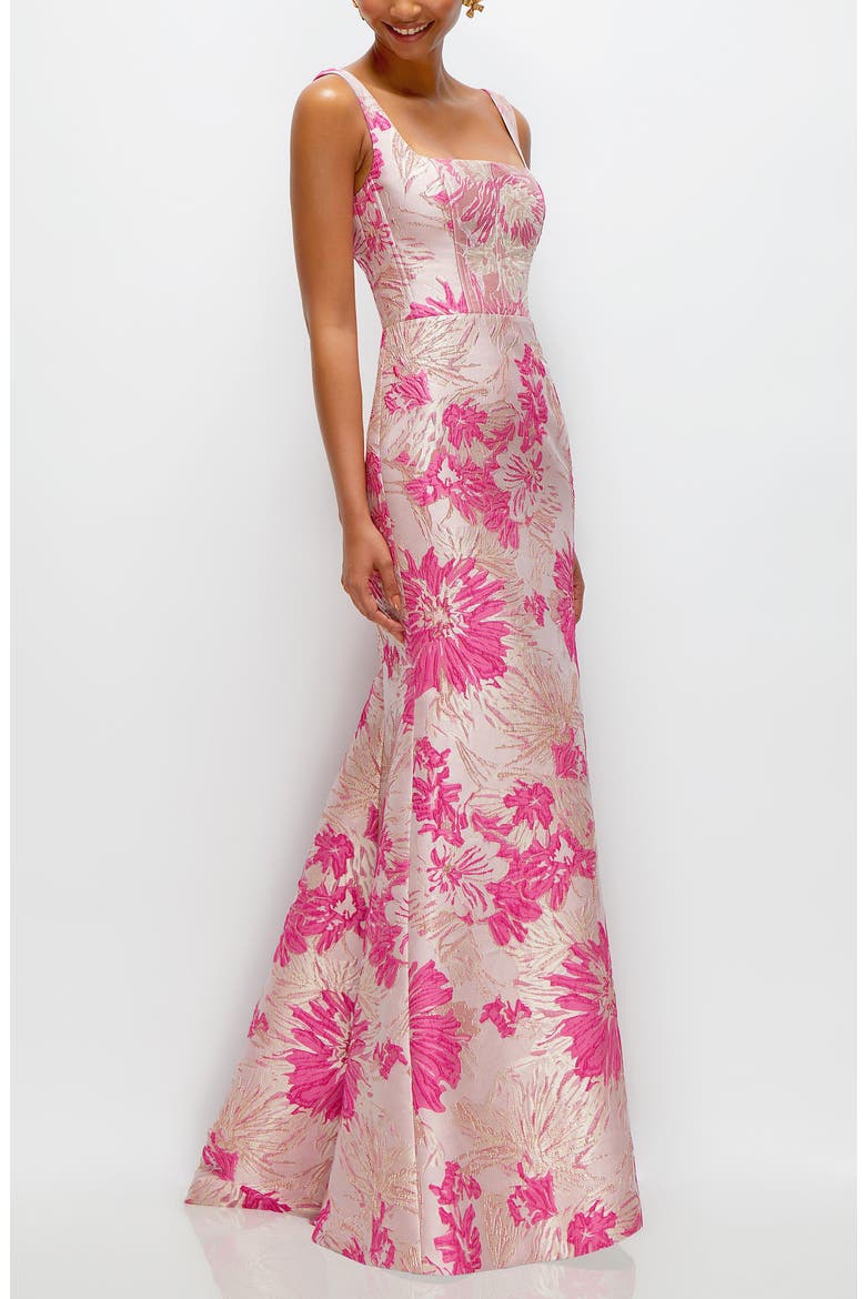 Hibiscus Square Neck Trumpet Gown, Alternate, color, PINK MULTI