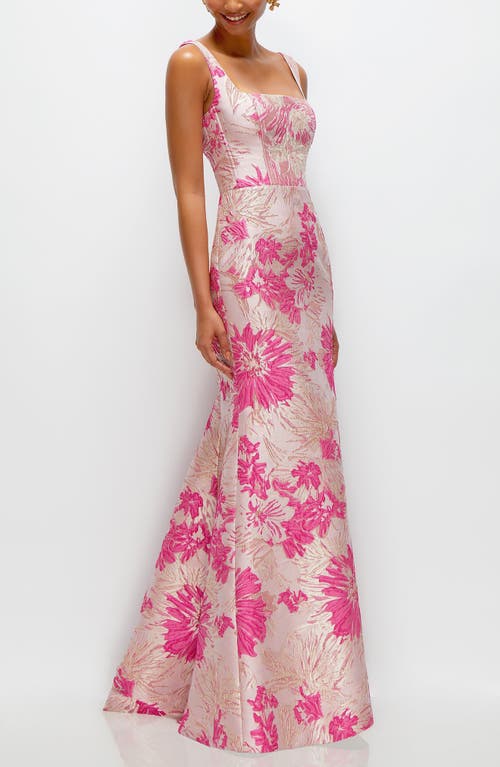 Dessy Collection Hibiscus Square Neck Trumpet Gown In Pink Multi
