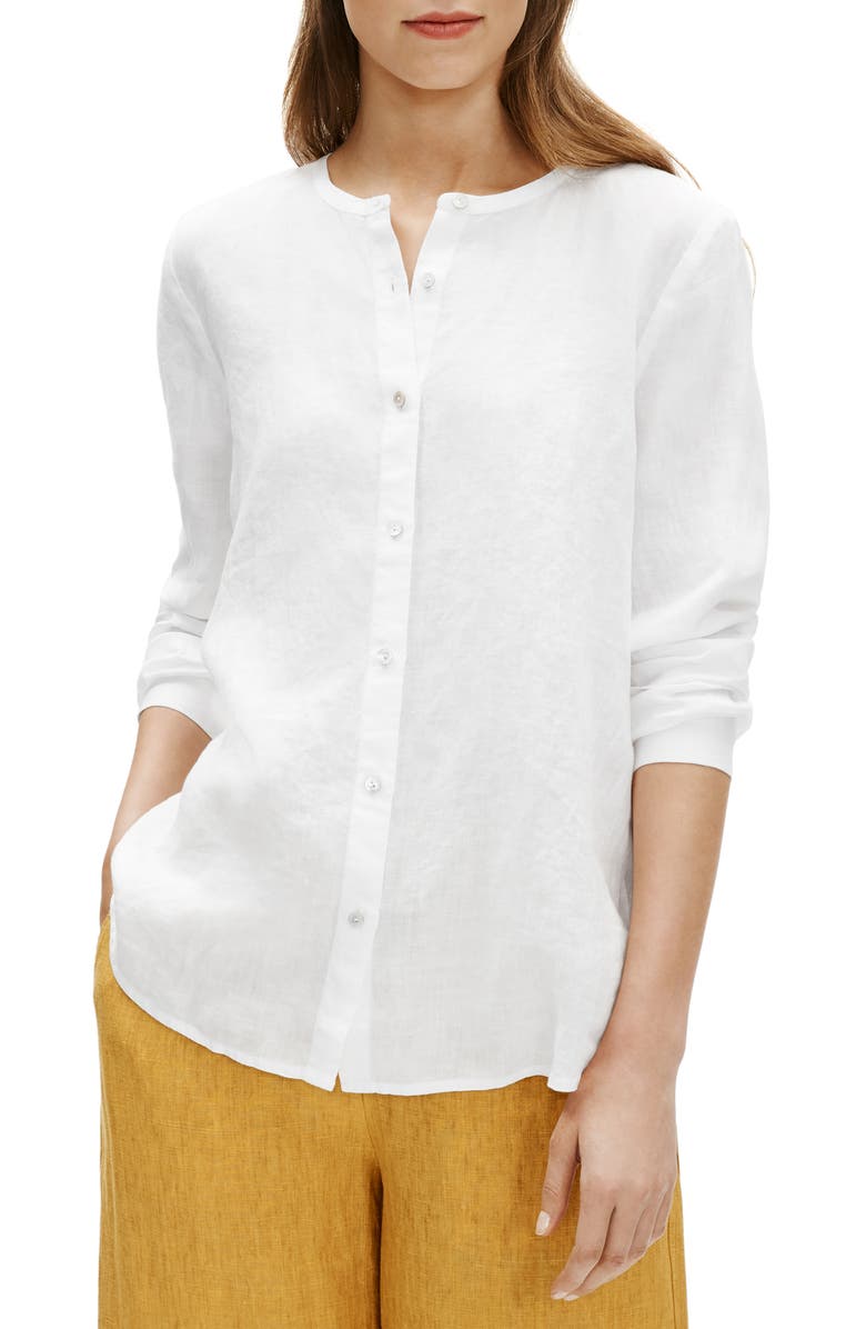 Eileen Fisher Collarless Organic Linen Button-Up Shirt, Main, color,