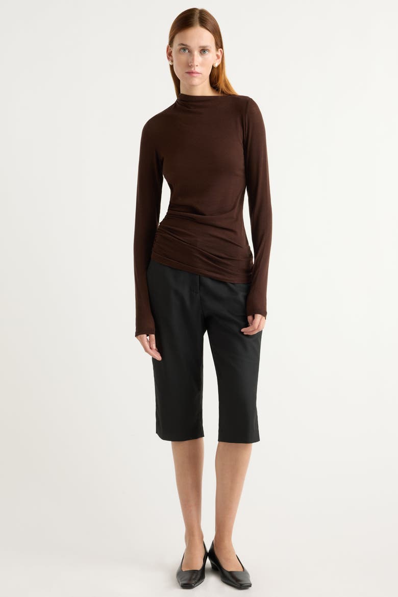 Vittoria Asymmetric-Neck Semi-Sheer Ruched Tee, Alternate, color, Umber