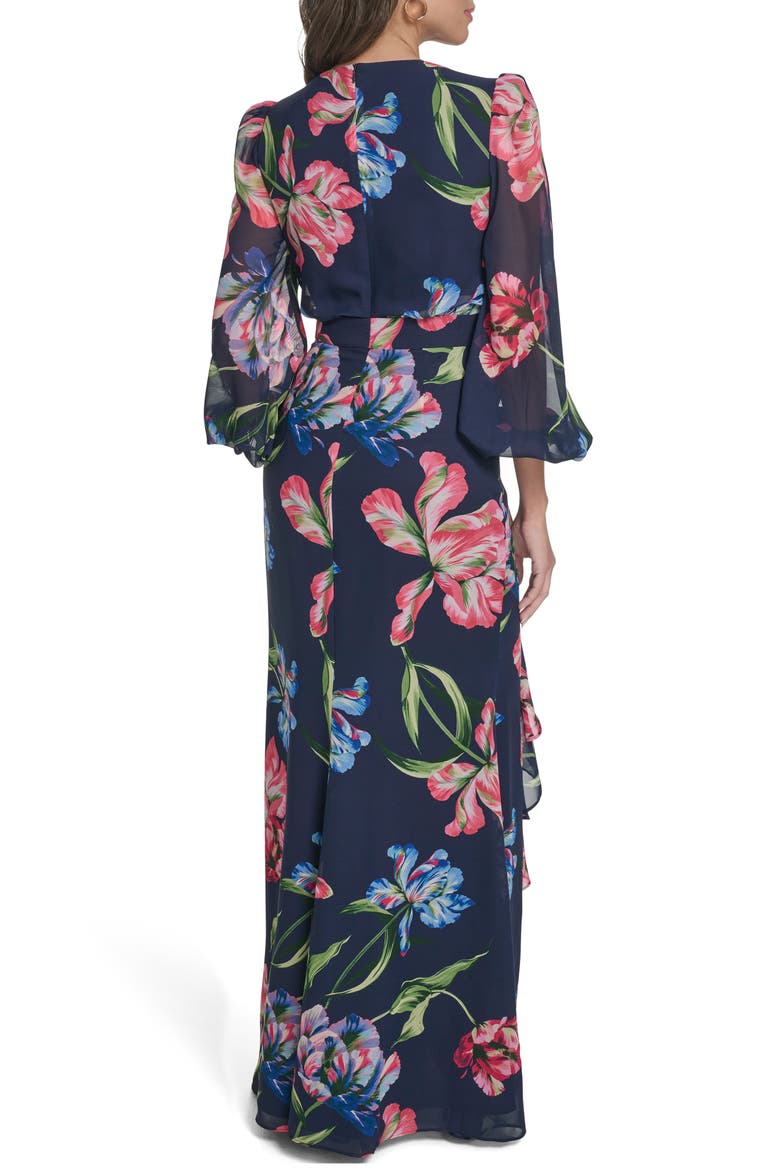 Floral Long Sleeve Ruffle Chiffon Dress, Alternate, color, NAVY