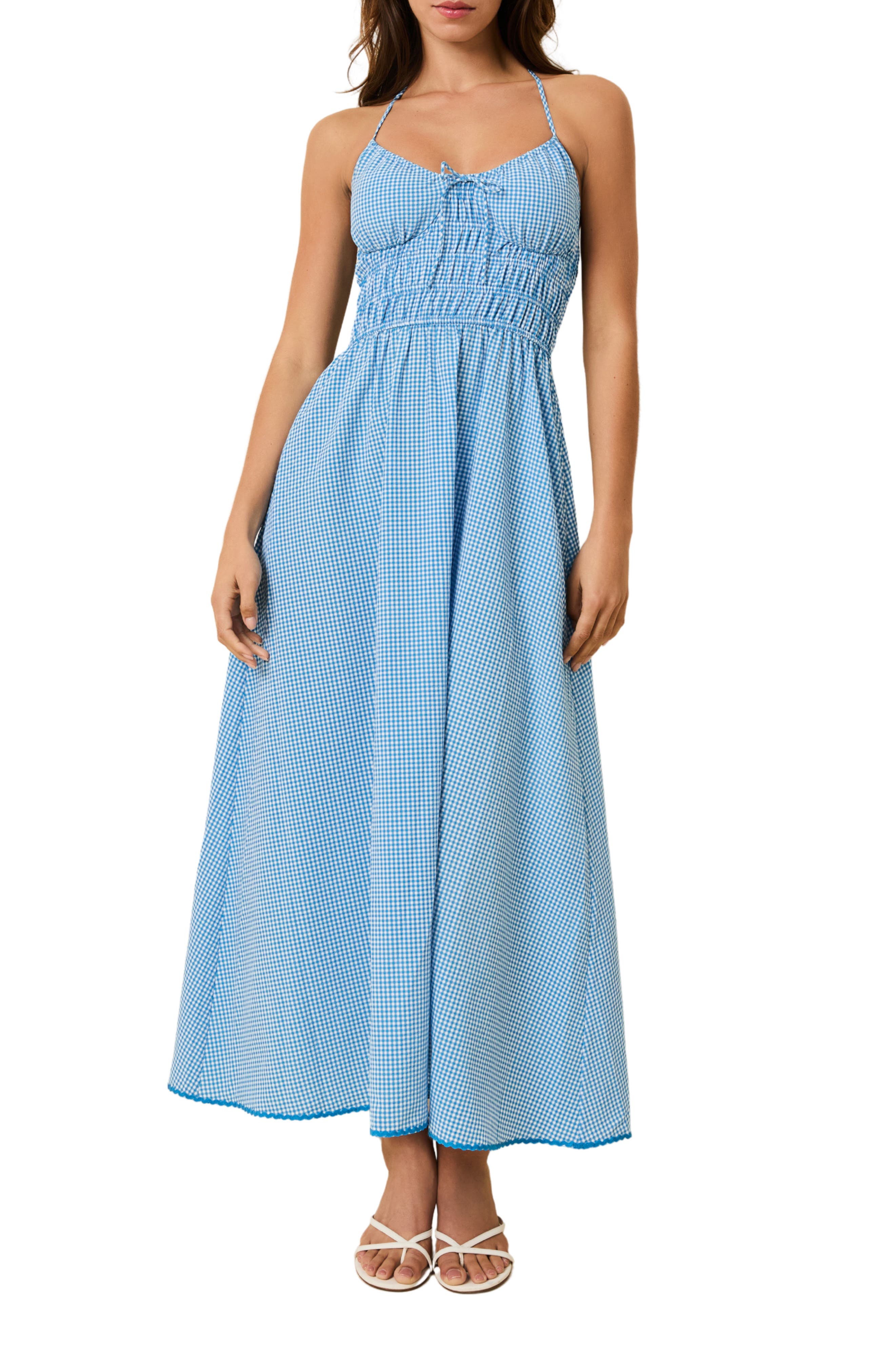 Lolita Gingham Shirred Halter Seersucker Maxi Sundress
