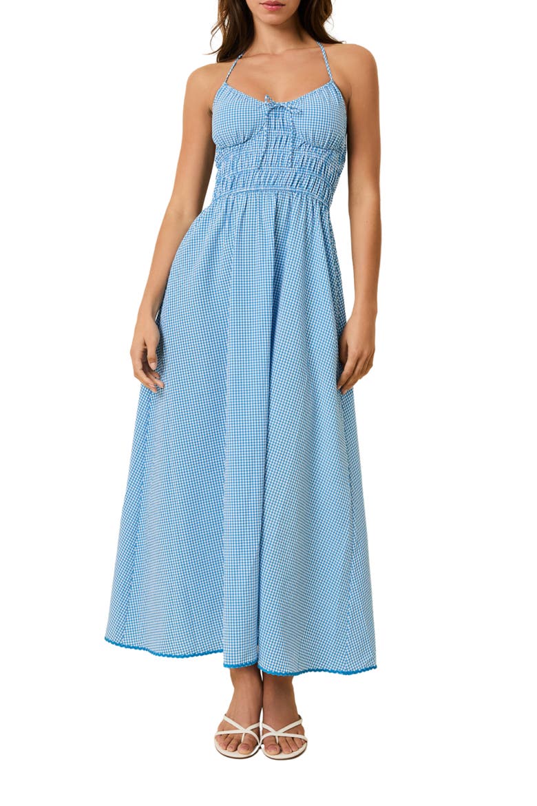 Lolita Gingham Shirred Halter Seersucker Maxi Sundress, Main, color, COSMIC BLUE GINGHAM